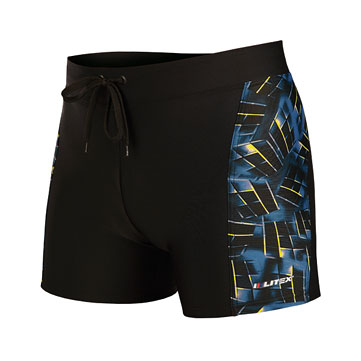 Pánske boxerkové plavky s širšou gumou v páse a šnúrkou na sťahovanie, vyrobené z rýchloschnúceho materiálu a odolné voči chlóru a UV žiareniu.